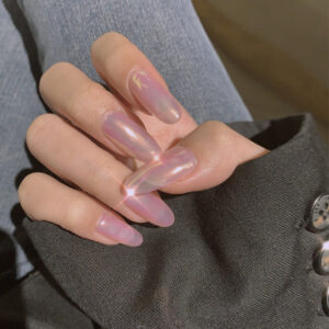 极光粉美甲尖头人鱼姬粉美甲贴片穿戴甲成品假指甲防水可拆卸甲片