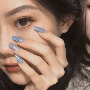 镭射银透色夏日显白美甲贴片假指甲穿戴甲成品镭射甲防水指甲贴片