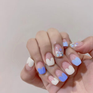 马蹄莲心心蓝色穿戴甲成品假指甲美甲贴纸指甲贴片防水地摊货源