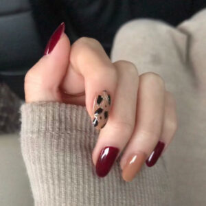 酒红豹纹秋冬穿戴美甲成品假指甲美甲贴片指甲贴片防水可拆卸甲片