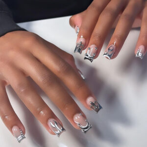 义乌甲片穿戴甲裸色烫银火焰穿戴式指甲片方形指甲贴片假指甲批发