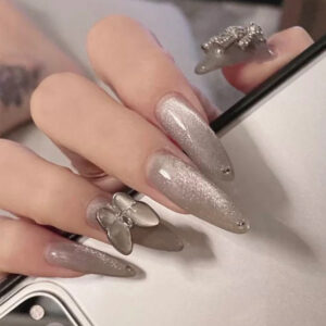 Wearable Nail PiecesSilver Glitter Metallic Bow Nail PiecesFinished Removable Nail Piecespress on nails