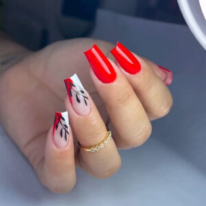 穿戴甲片短款红色甲片黑色树叶假指甲可拆卸成品press on nails