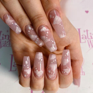 长芭蕾裸色透粉云朵穿戴美甲防水假指甲美甲贴片可拆卸指甲贴片