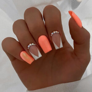 甲片穿戴甲橙色白色法式水钻变色龙闪粉美甲片指甲贴片成品假指甲