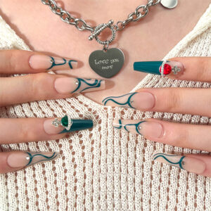 绿色线条西太后水钻长芭蕾穿戴甲成品批发穿戴甲专用甲片成品甲片