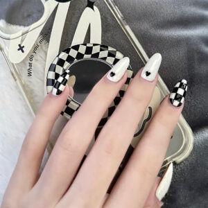 黑白棋盘格穿戴美甲成品假指甲美甲贴片指甲贴片防水可卸甲片厂销