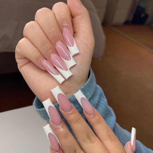 穿戴甲甲片批发粉色长芭蕾穿戴甲法式白边甲片美甲press on nails