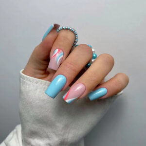 穿戴甲蓝白粉拼接线条美甲成品假指甲甲片成品批发press on nails