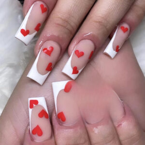穿戴甲片情人节美甲磨砂法式白边红色爱心美甲穿戴甲批发成品nail