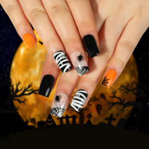 네일 도매 할로윈 네일 아트 스파이더 블랙 화이트 거미줄 만화 아이 비즈 네일 아트 조각 네일 아트 완성 된 네일을 착용하십시오.