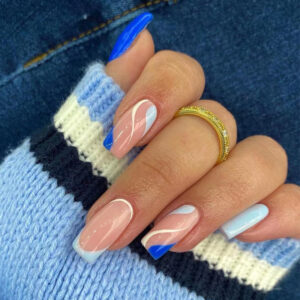 穿戴式指甲片蓝色法式白色波浪美甲片成品可拆卸press on nails