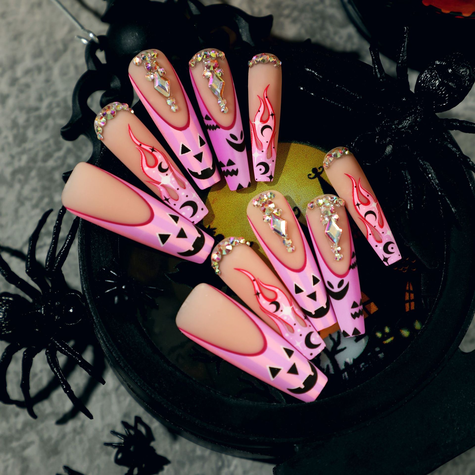 穿戴甲片万圣节磨砂美甲粉色法式南瓜火焰月亮水钻press on nails – Image 2