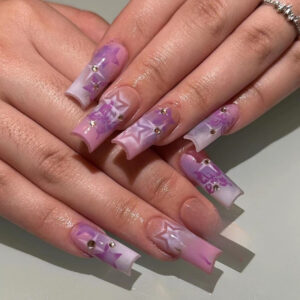 美甲片长款紫色晕染星星蝴蝶水钻美甲片成品可拆卸 false nails