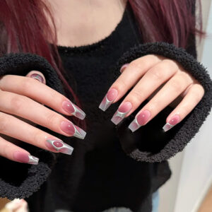 穿戴甲甲片腮红晕染假指甲贴片银色几何线条美甲片成品可拆卸高级