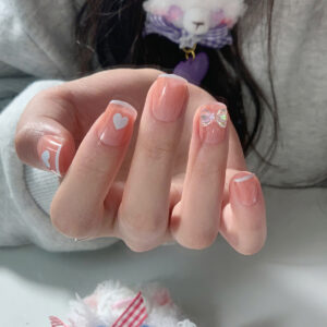 Pink Translucent Cream Blue Heart Bowknot Wearable Nail Art Fake Nail Nail Art Patch Nail Patch Removível