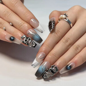 国潮风中国龙浮雕穿戴甲黑色晕染点钻美甲片可拆卸成品甲片批发