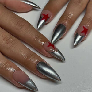 穿戴甲片法式金属银边红色星星穿戴甲 欧美指甲贴片批发美甲贴片