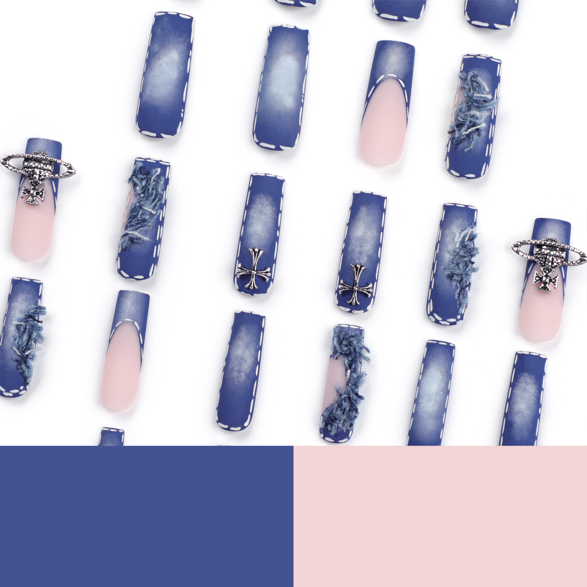 破洞牛仔蓝穿戴甲十字架流苏美甲法式超长款可拆卸甲片成品批发 - Imagem 4