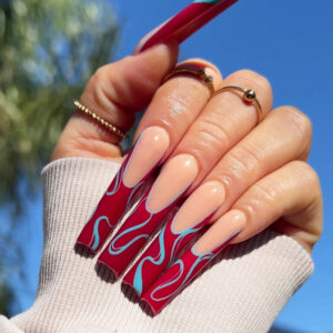 跨境欧美法式红色美甲蓝色扭曲条纹甲片成品批发超长款芭蕾穿戴甲