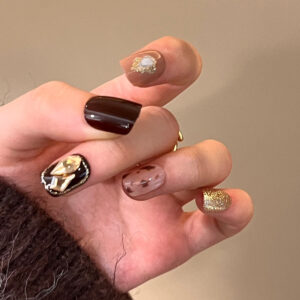 穿戴甲酒红镶钻闪粉美甲成品短款穿戴式方形甲片假指甲美甲片批发