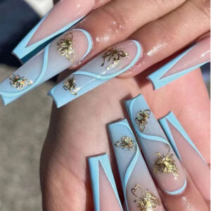甲片成品批发蓝色线条金线蝴蝶美甲片成品可拆卸press on nails