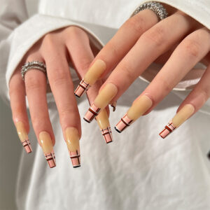 美甲甲片法式穿戴甲复古棕色格纹假指甲美甲贴片成品甲片批发