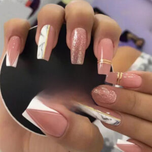 穿戴甲片白边法式美甲片大理石纹金线闪粉假指甲贴片批发指甲片