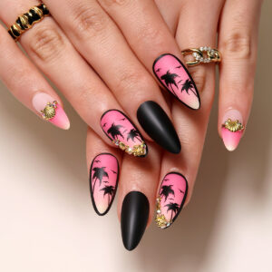 Wearable Nail Stickers Frosted Pink Gradient Black Coconut Seagull Gold Stereoscopic Shells Nail Art Pieces Finished