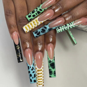 穿戴式美甲批发晕染穿戴甲蓝绿撞色奶牛纹金粉穿戴甲欧美甲片批发