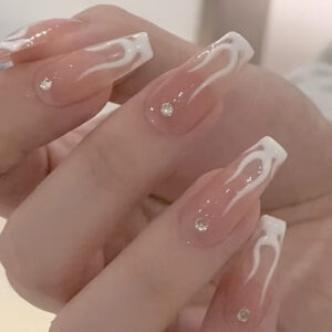 穿戴甲片批发白色火焰法式水钻美甲片可拆卸假指甲press on nails