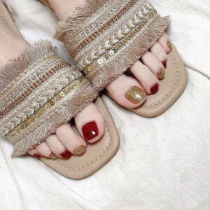 夏日魅力深红满黄金钻脚甲穿戴美甲成品假指甲美甲贴片可拆卸甲片