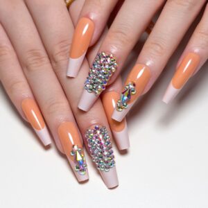 穿戴式指甲贴橙黄色满钻甲片搭配粉色法式指甲贴可拆卸甲片nails