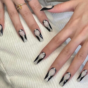 穿戴式美甲黑色线条水钻美甲贴片批发甲片成品美甲片可拆卸	nails