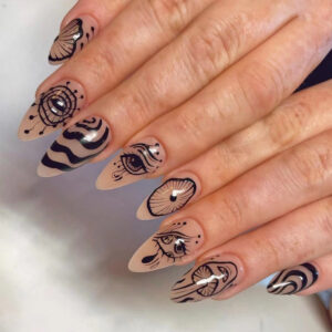 穿戴式美甲批发手绘波浪线条美甲批发眼睛指甲贴片 press on nail