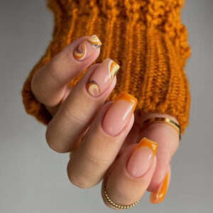 Wear Nail Orange French Nail Patch Bevelled Edge Wave Gold Glitter Nail Patch Finished Removable Premium