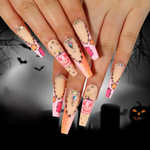 穿戴甲批发万圣节磨砂美甲粉色法式南瓜水钻波点美甲片美甲成品