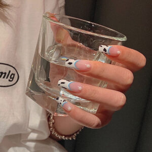 牛奶纹长芭蕾珍珠穿戴美甲成品可拆卸假指甲美甲贴片指甲贴片