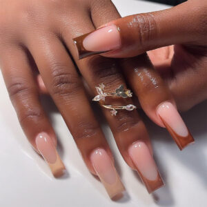 美拉德风裸色棕色边美甲欧美外贸拼接穿戴甲秋季新款指甲片甲片