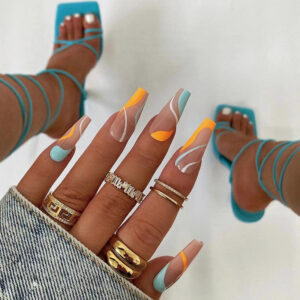 甲片 穿戴甲黄蓝白撞色线条长芭蕾美甲贴片穿戴甲批发nails的甲片