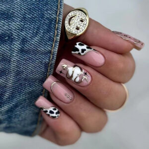 穿戴美甲黑白奶牛纹法式金色蛇形穿戴甲长款批发press on nails