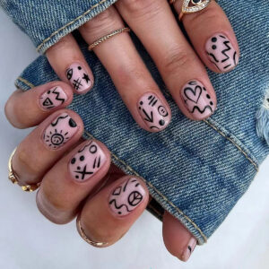 短款粉色穿戴甲片假指甲卡通涂鸦指甲片指甲贴穿戴式美甲片批发