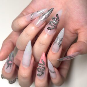 Wearable Nail Stickers Silver Flame Chain Pink Halo Snake Pattern Rhinestone Nail Patch Removable nail