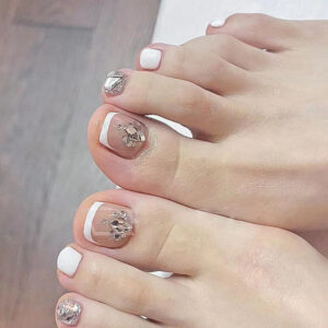 Porter des ongles court blanc bord français ongles d'orteil éclat flash strass pièce d'ongle fini amovible press on nails